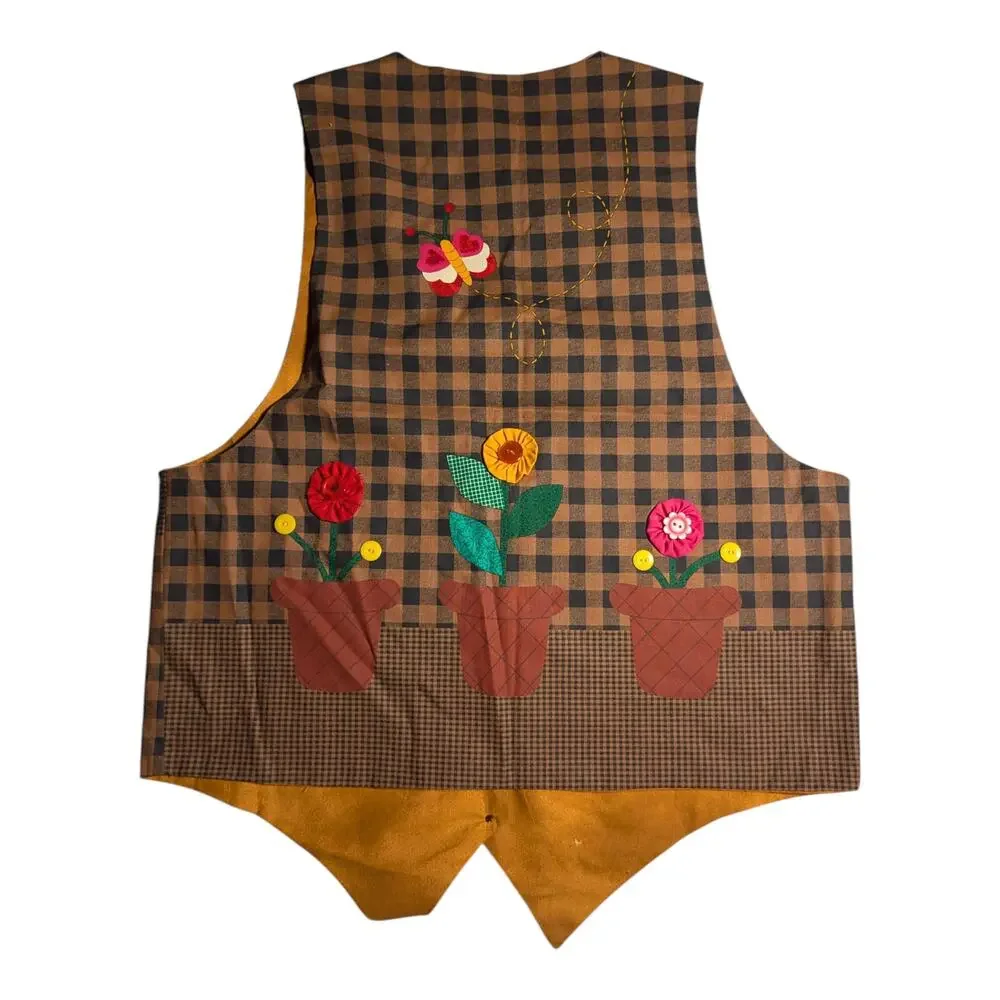 Vtg 1990s Handmade Brown Plaid Cat Floral Applique Novelty Button Up Vest XL
